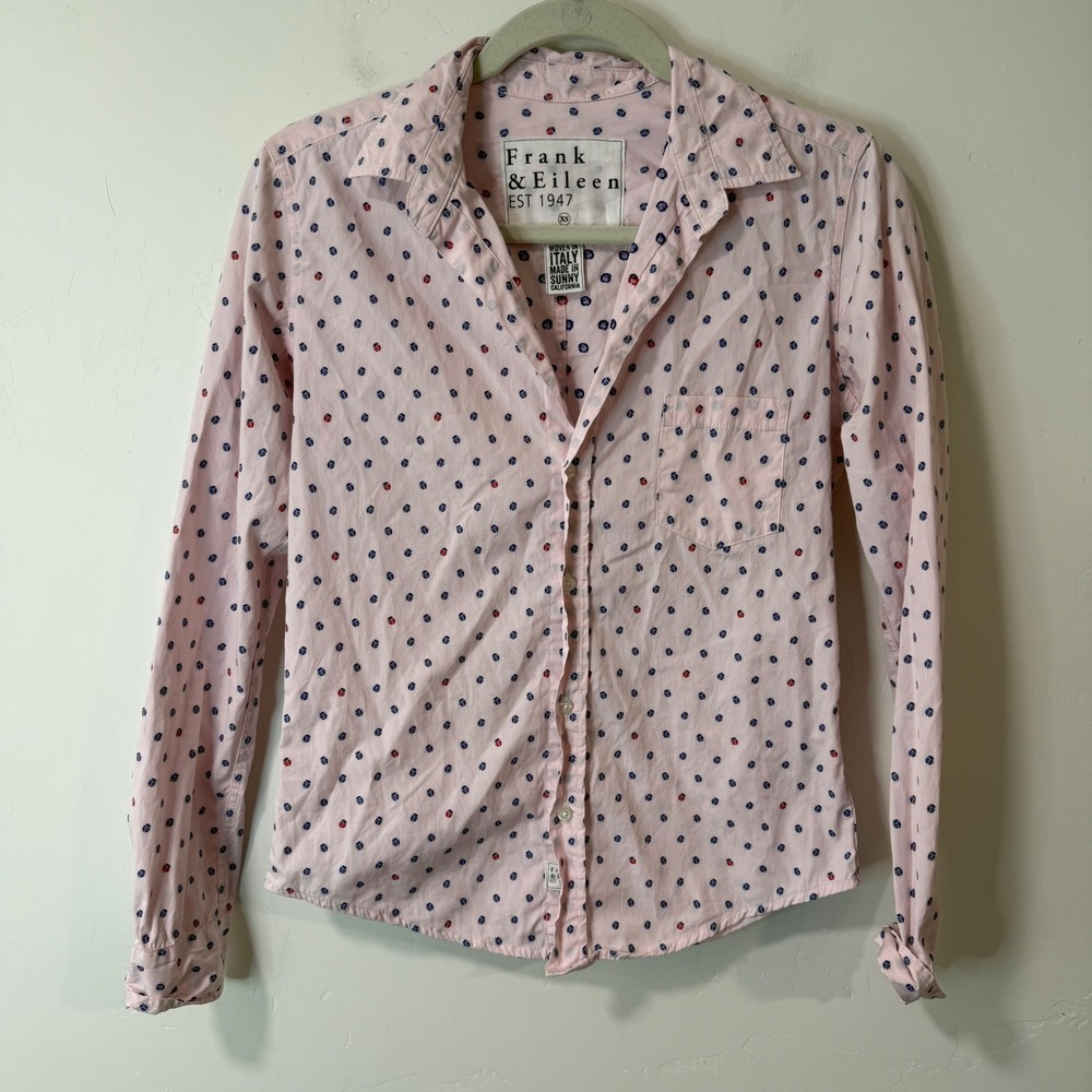 Frank & Eileen Womens Barry Shirt XS Pink Ladybug Print Cotton Button Up